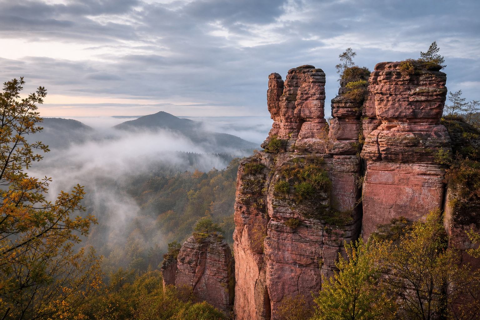 Rosafarbene Sandsteinfelsen im Pfälzerwald im Morgenlicht