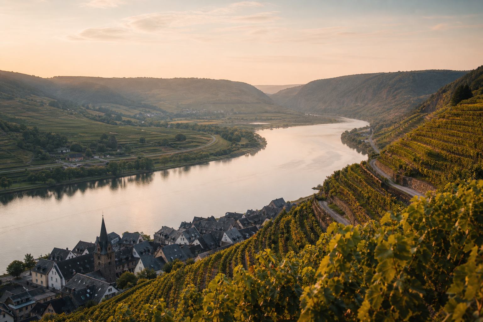 Moselschleife mit Weinbergterrassen und Dorf am Ufer