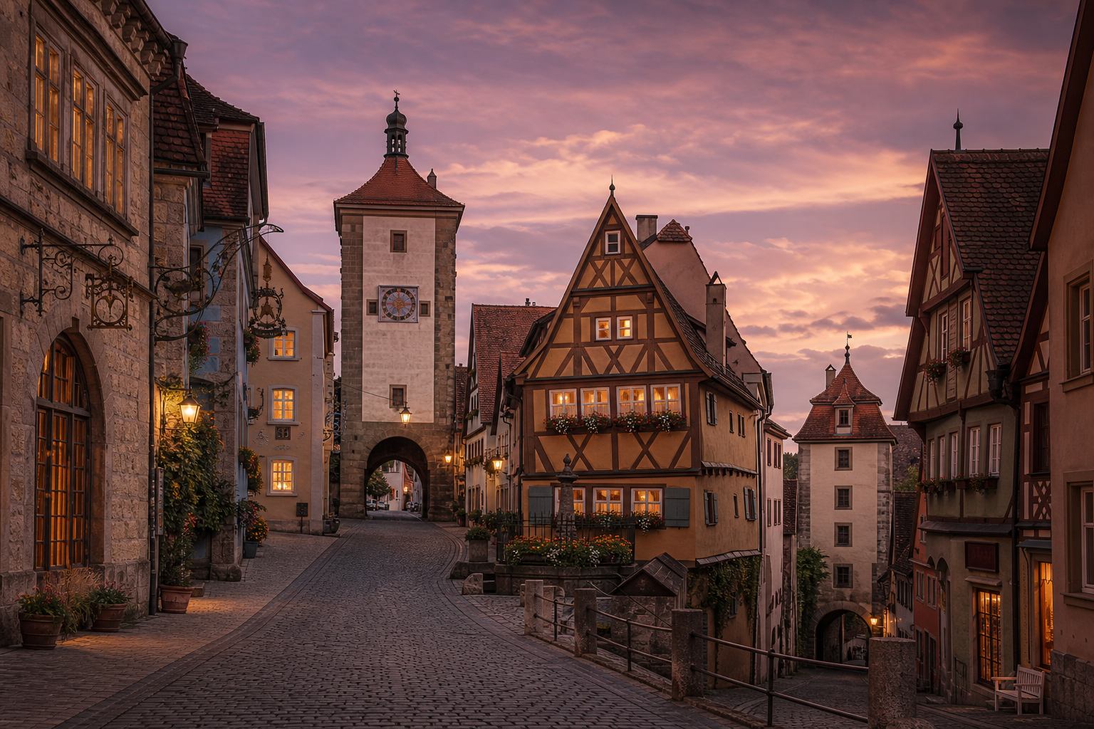 Historische Fassaden und Pflastergasse in Rothenburg ob der Tauber