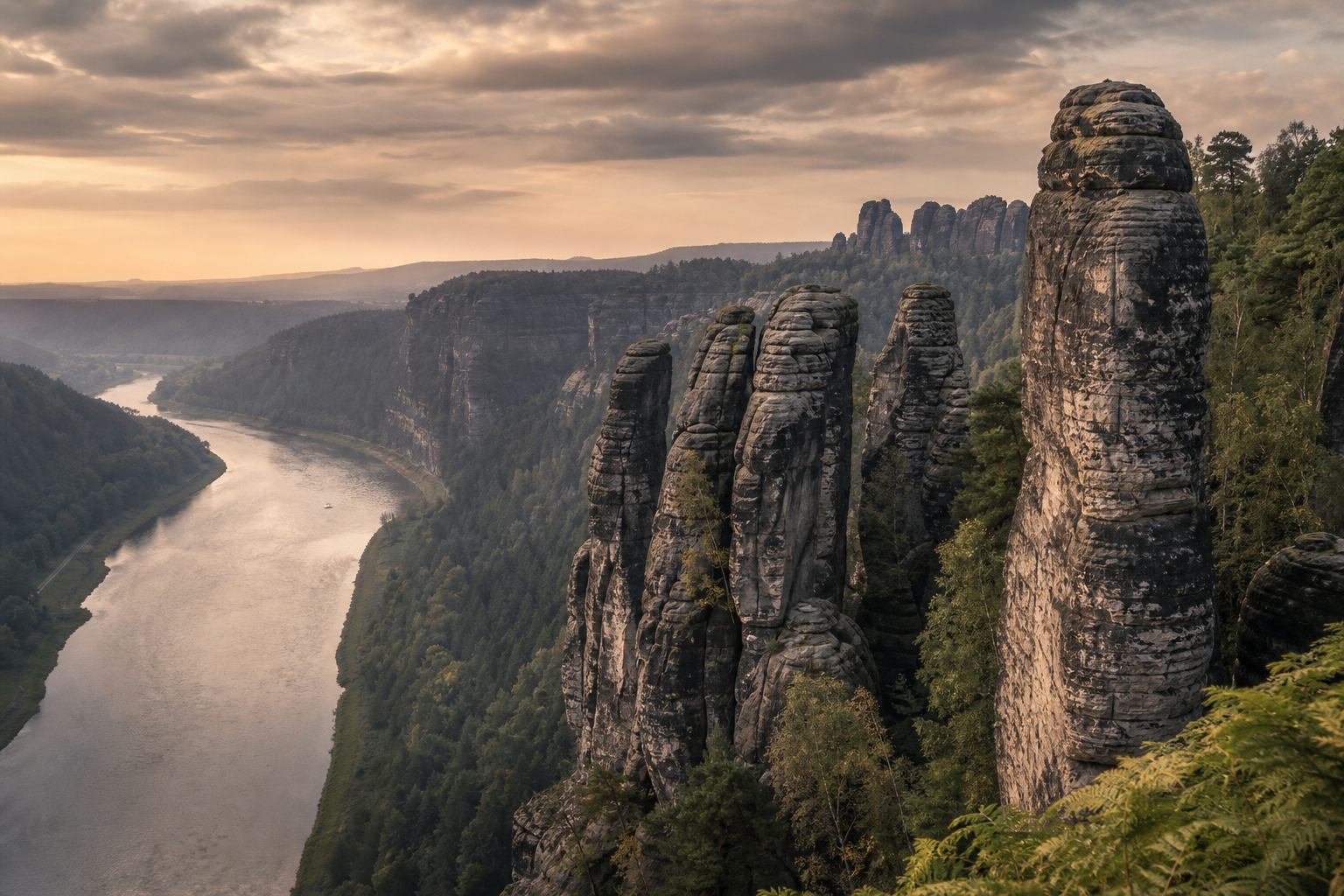 Felsnadeln der Sächsischen Schweiz über dem Elbtal